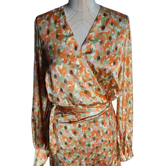 Never Fully Dressed Satin Wrap Vienna Midi Dress In Pastel Gold Mix Size US 8 - Picture 3 of 13